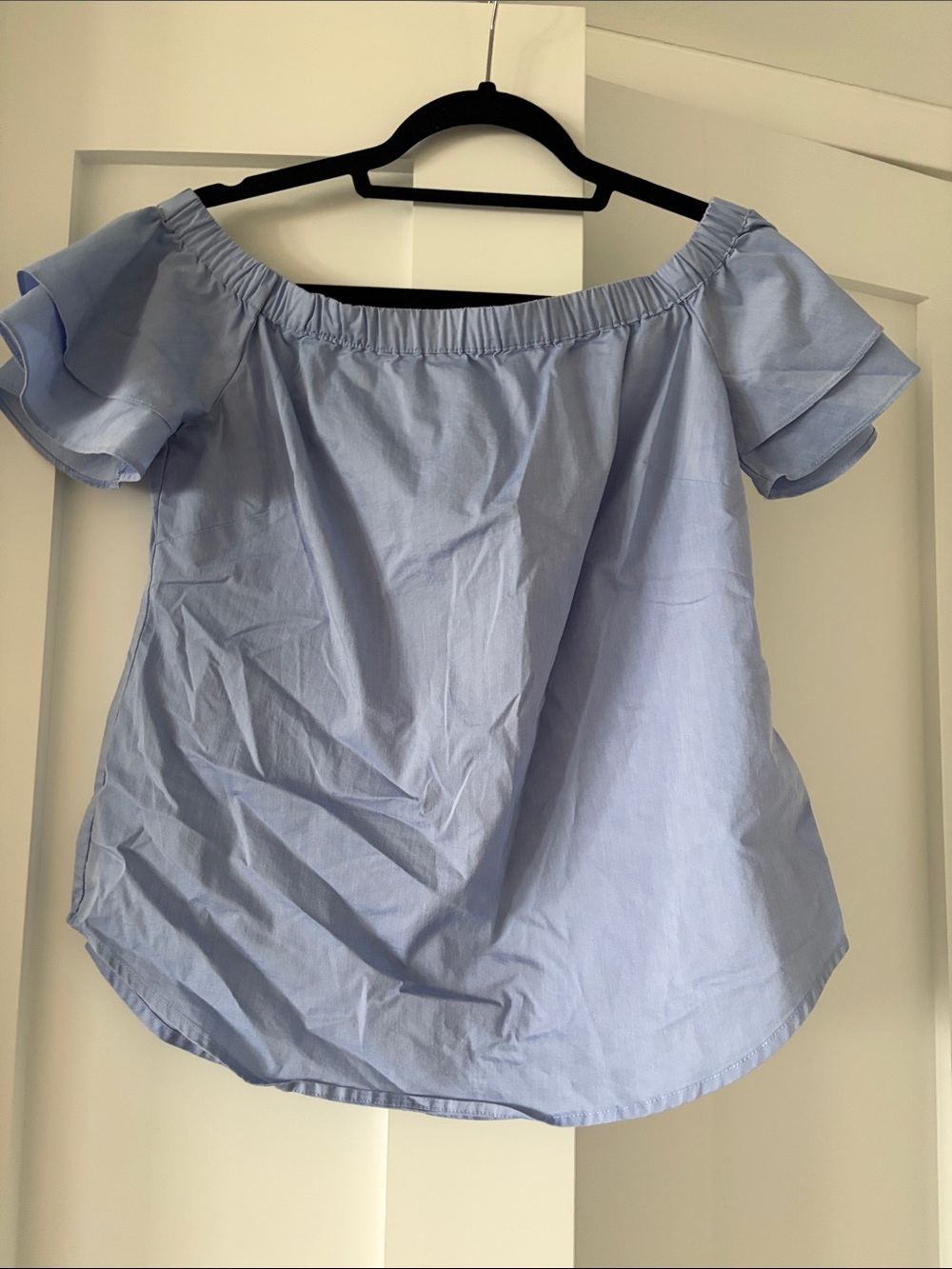 New York & Company Light Blue Off-Shoulder Ruffle Sleeve Blouse